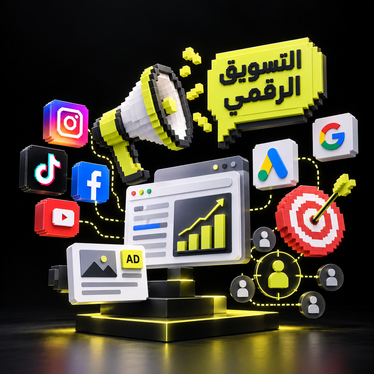 مكبر صوت تحيط به أيقونات منصات التواصل الاجتماعي